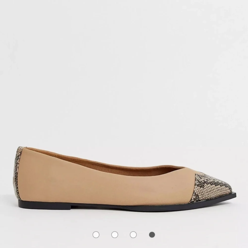ASOS DESIGN Wide Fit Legend pointed toe cap ballet flats in beige snake